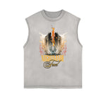 Distressed Sleeveless Winged Monster Pattern Tee