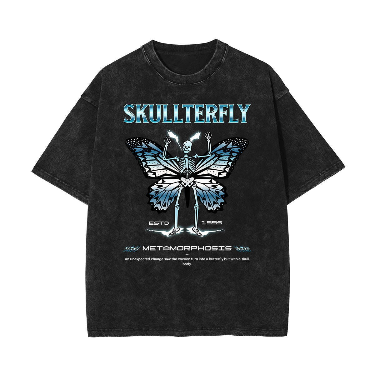 Stone Wash Winged Monster Pattern T Shirt