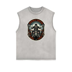 Distressed Sleeveless Winged Monster Pattern Tee
