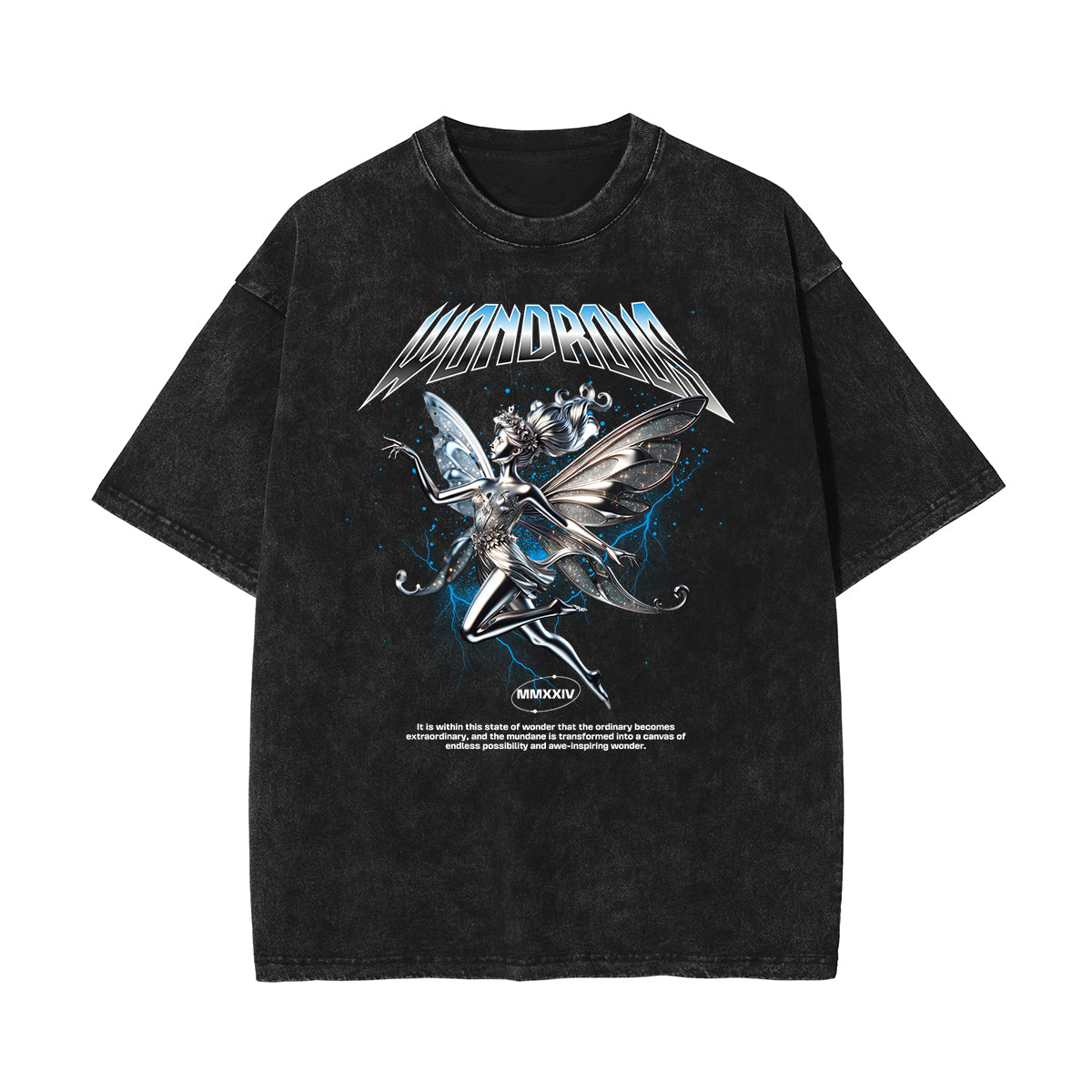 Stone Wash Winged Monster Pattern T Shirt