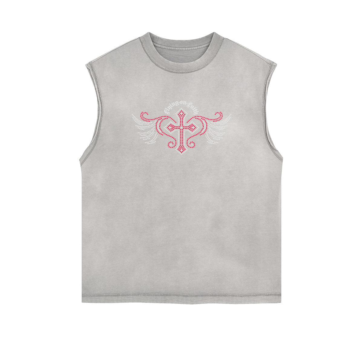 Distressed Sleeveless Winged Monster Pattern Tee