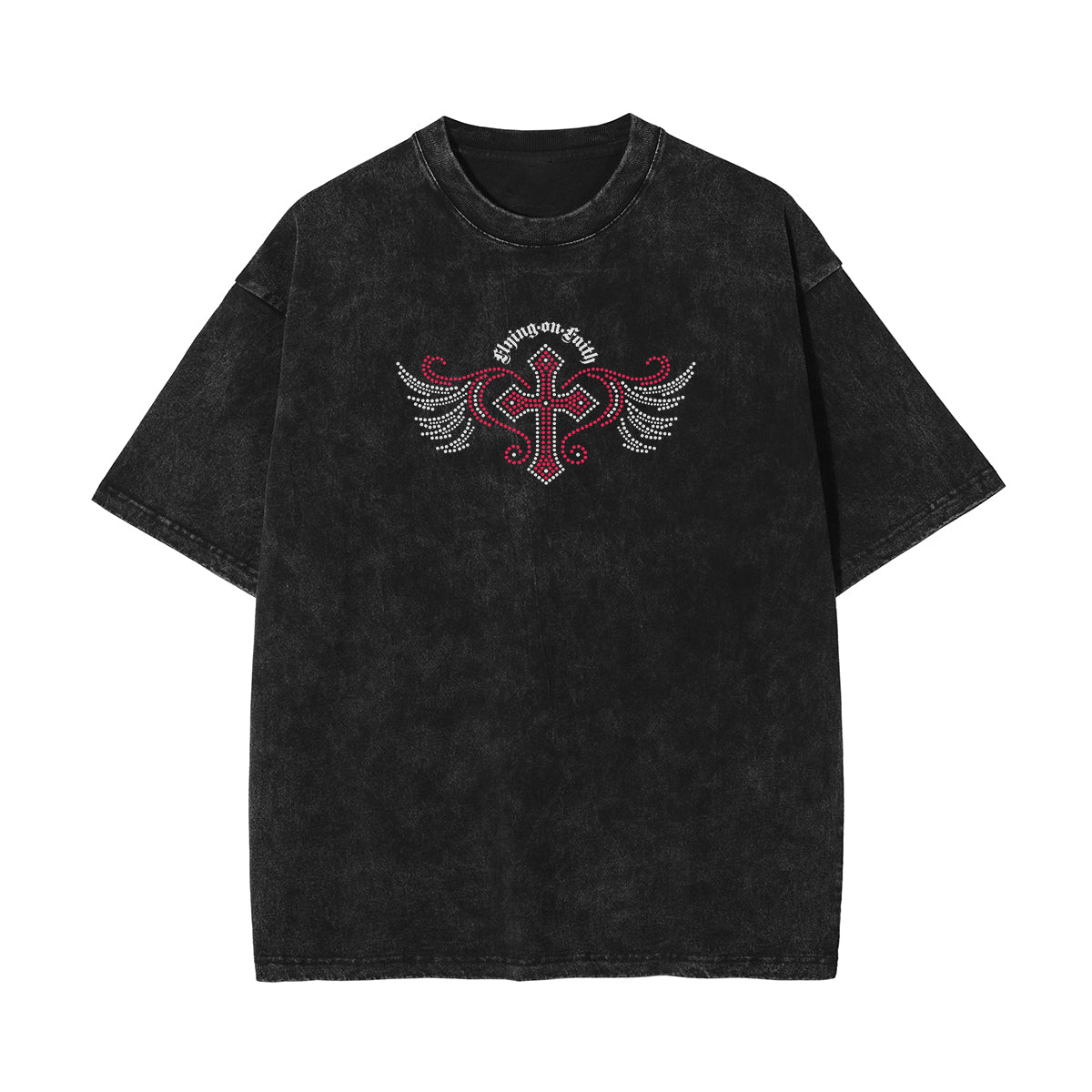 Stone Wash Winged Monster Pattern T Shirt