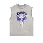 Distressed Sleeveless Winged Monster Pattern Tee