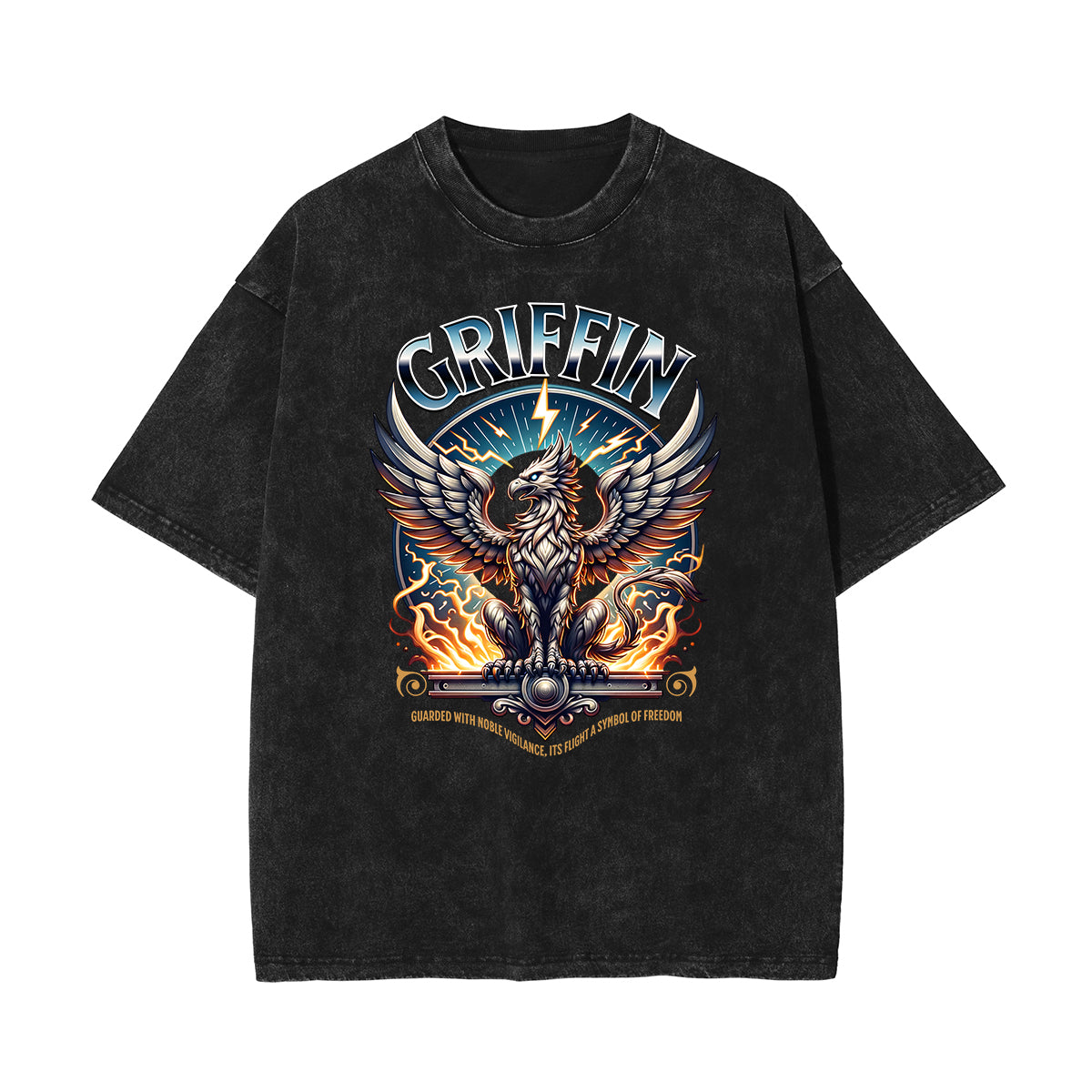 Stone Wash Winged Monster Pattern T Shirt