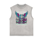 Distressed Sleeveless Winged Monster Pattern Tee