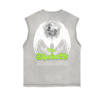 Distressed Sleeveless Winged Monster Pattern Tee