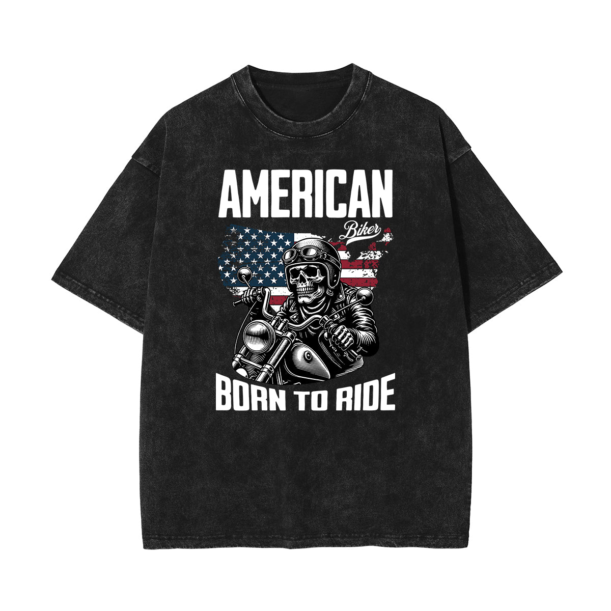 Stone Wash American Skull Pattern T Shirt