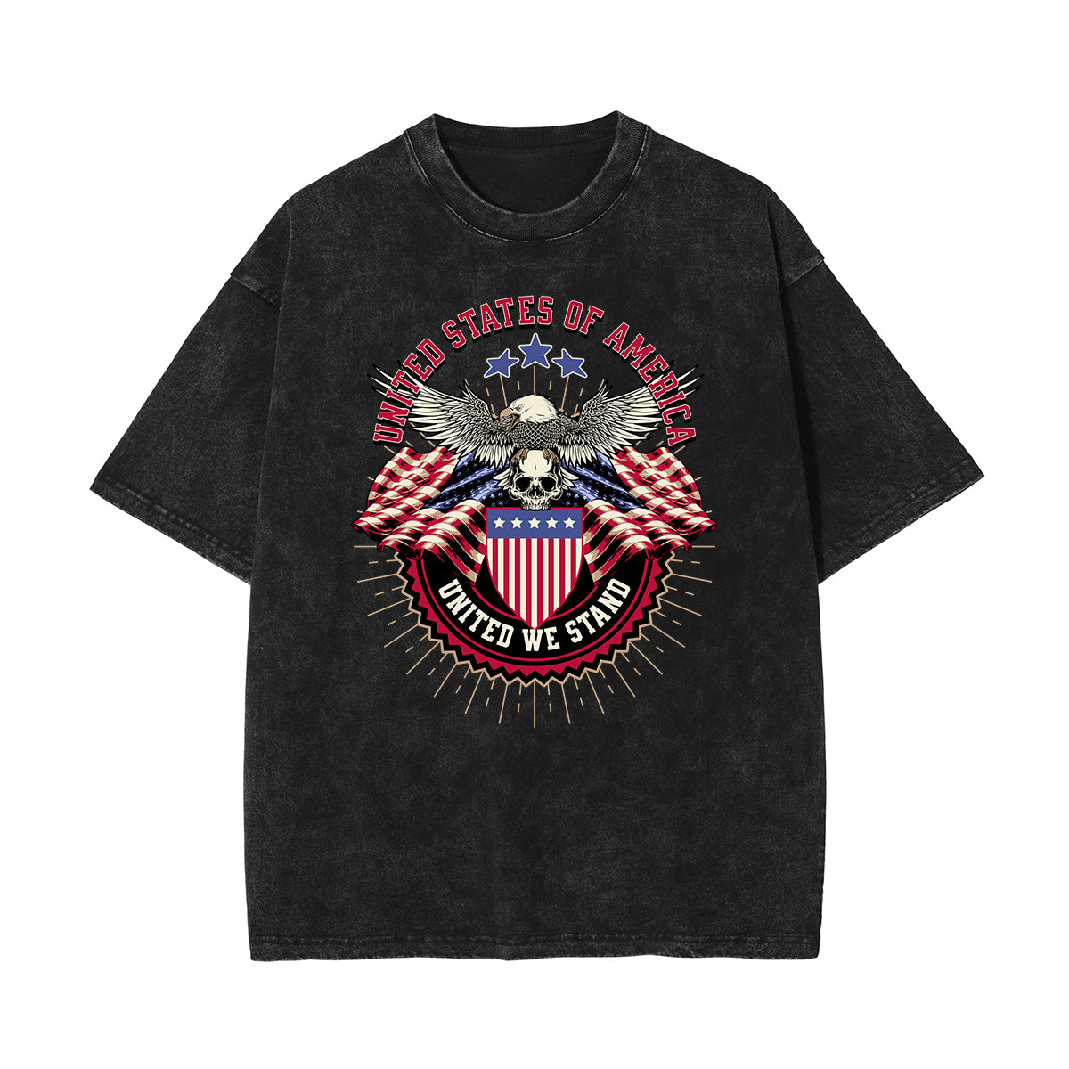 Stone Wash American Skull Pattern T Shirt