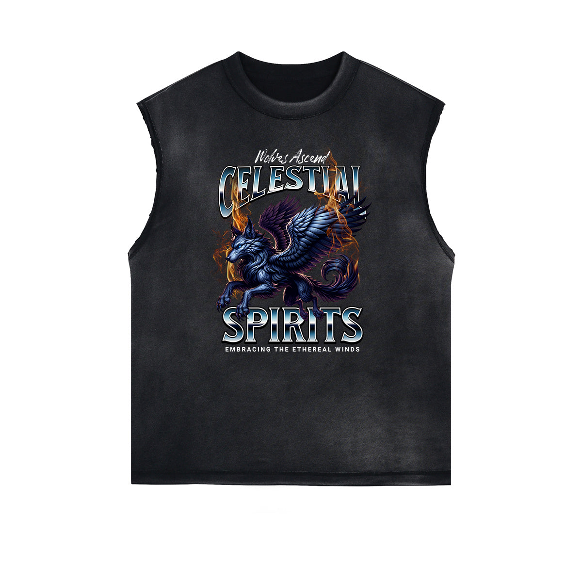 Distressed Sleeveless Wolf Pattern Tee