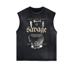 Distressed Sleeveless Wolf Pattern Tee