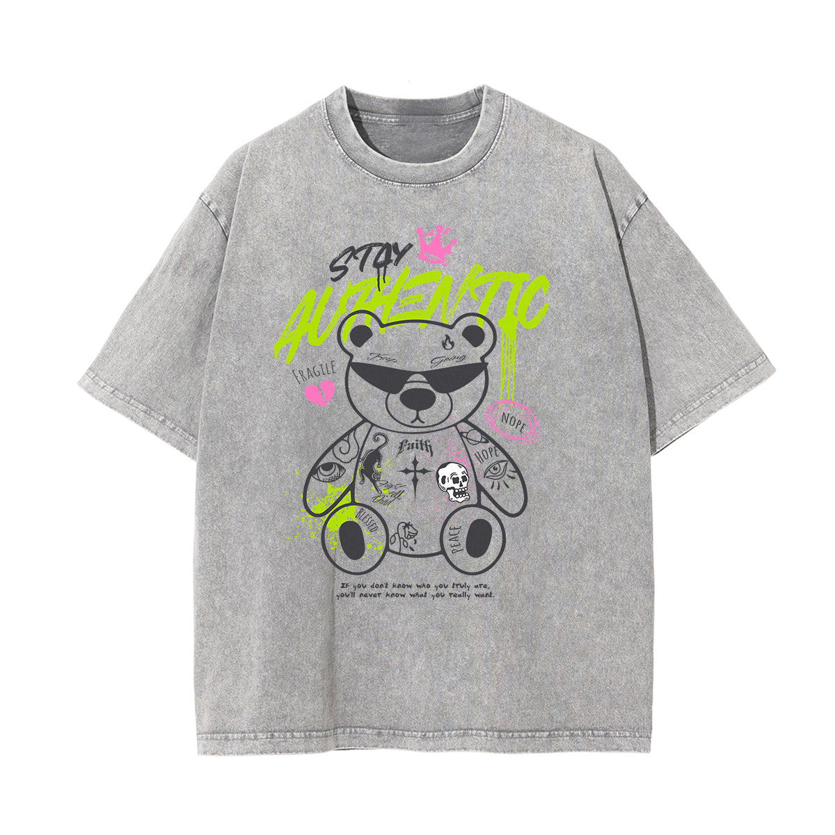 Stone Wash Creepy Bear Graphic T-Shirt