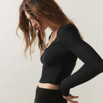 Notch Neck Long Sleeve Crop Tee-INNBLAC Fashion Apparel