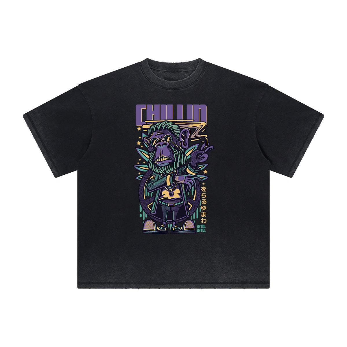 Streetwear Stone Wash Cartoon Pattern Tee