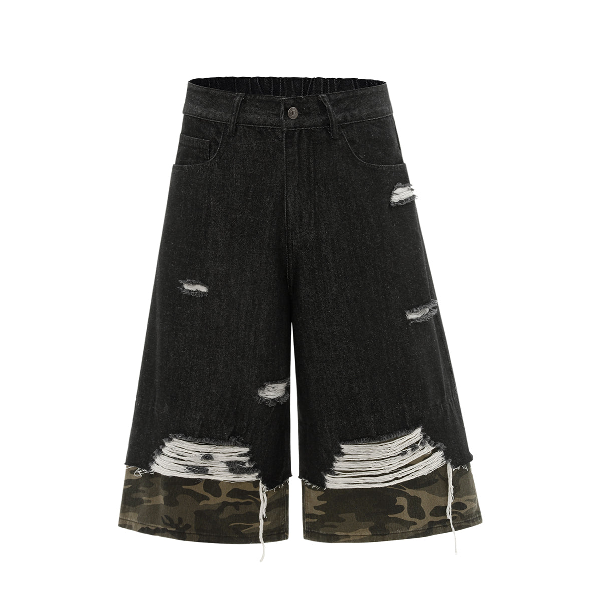 Camo Patchwork Denim Ripped Bermuda Shorts