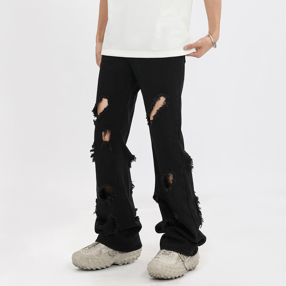 Distressed Black Ripped Flared Jeans