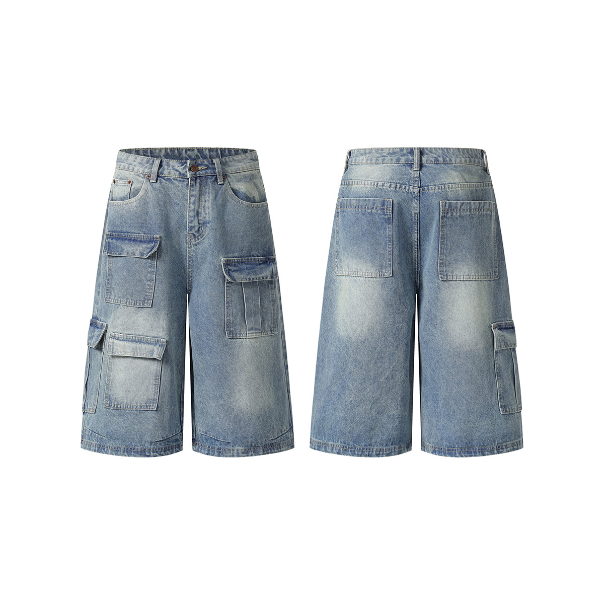 Multi-Pocket Cargo Denim Bermuda Shorts