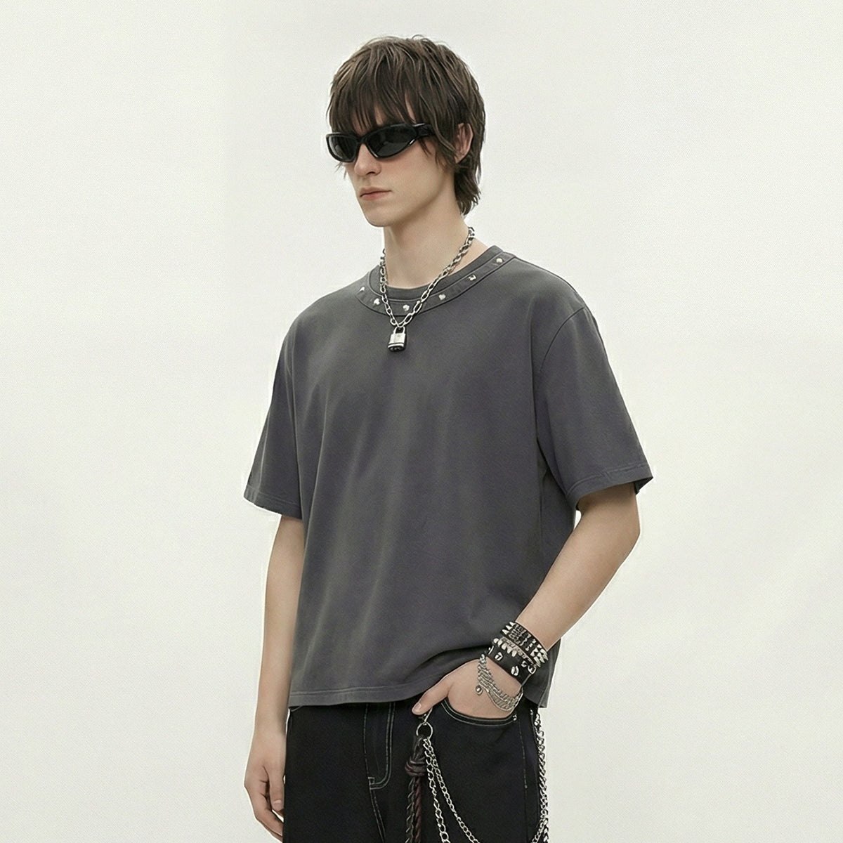 Rivet Detail Washed Boxy Fit T-Shirt