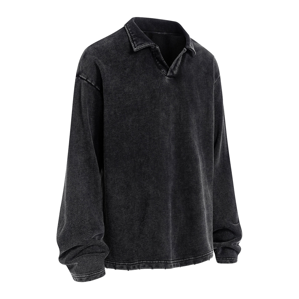 Distressed Edge Buttonless Long-Sleeve Polo