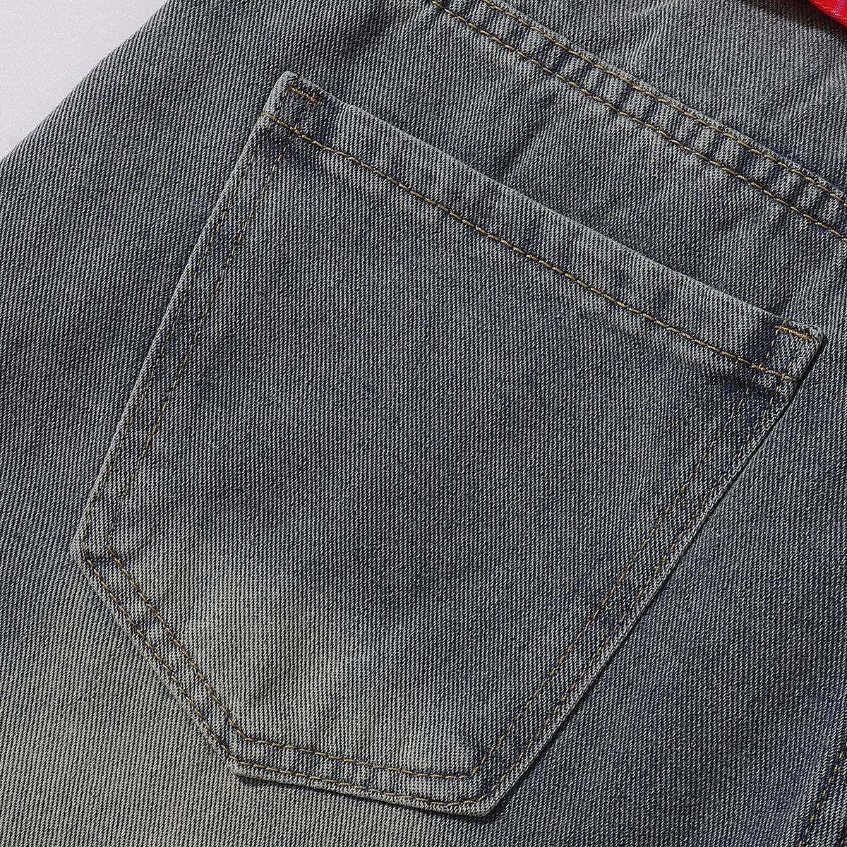 Plaid Trim Star Patched Wide Leg Denim Jeans