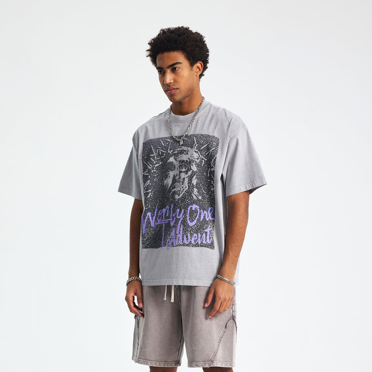 Vintage Washed Oversized Gray Print Tee