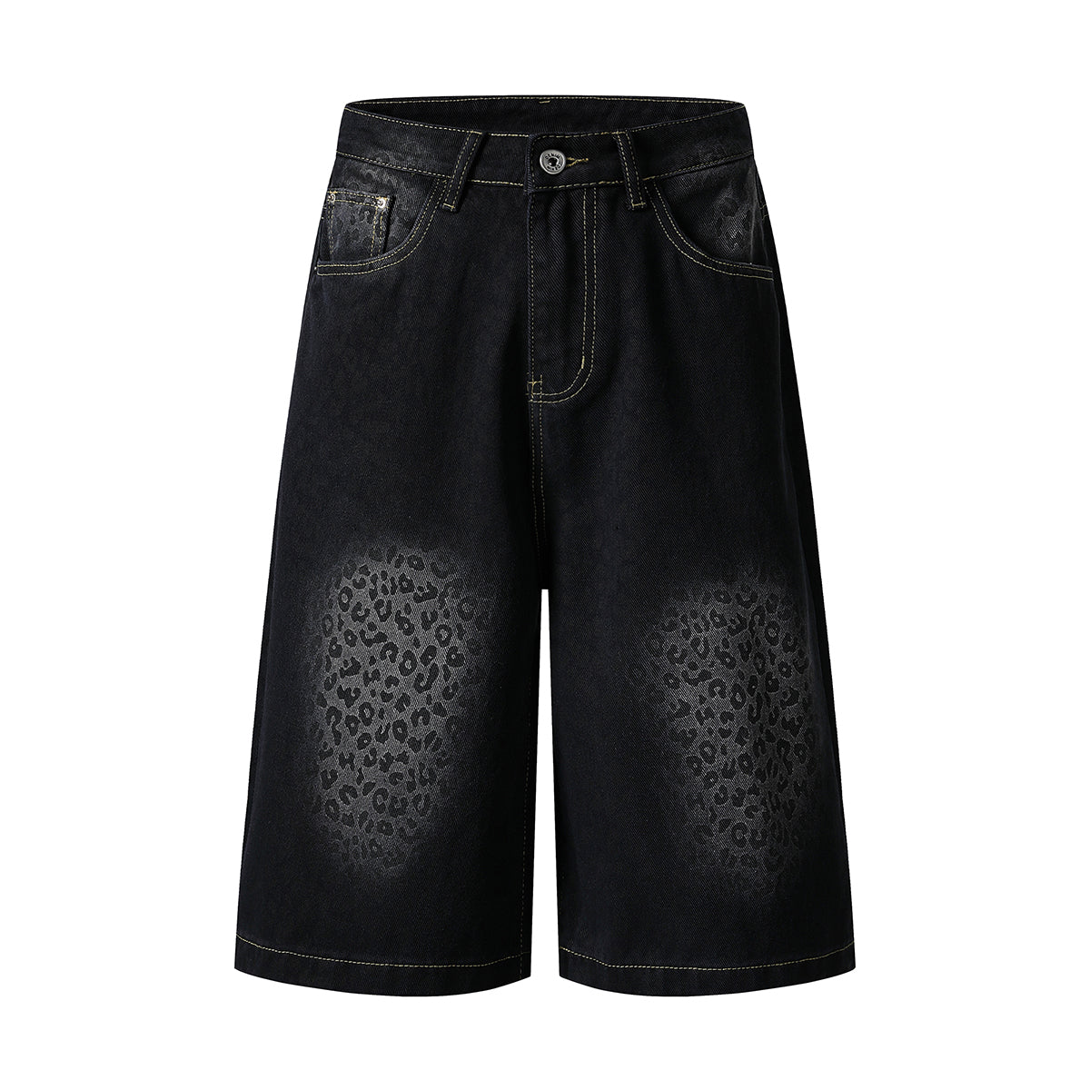 Black Leopard Print Denim Bermuda Shorts