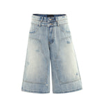Double Waistband Distressed Denim Bermuda Shorts