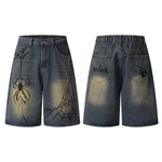 Spider & Web Print Denim Bermuda Shorts