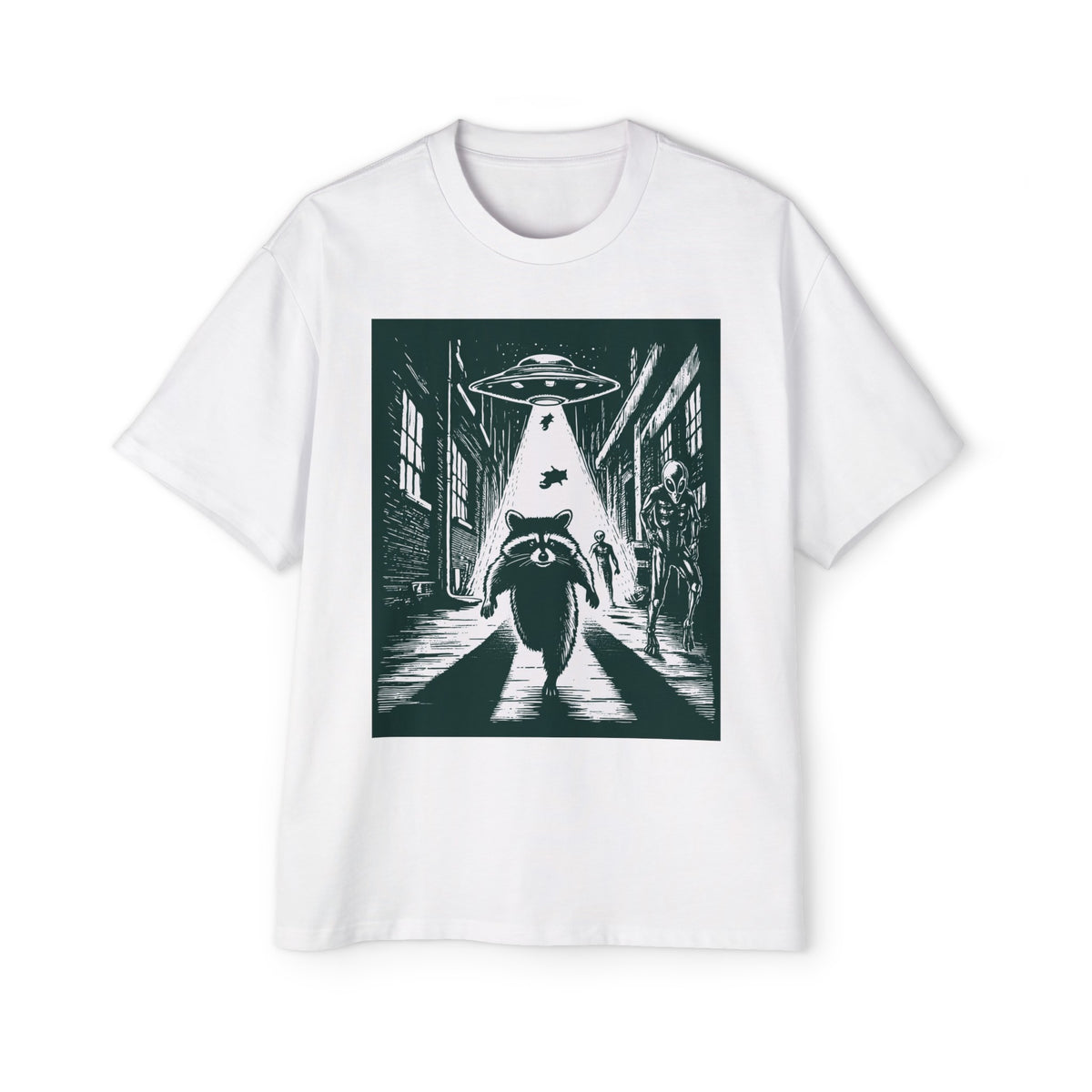 Raccoon Running Alien And UFO Graphic Tee-INNBLAC Fashion Apparel