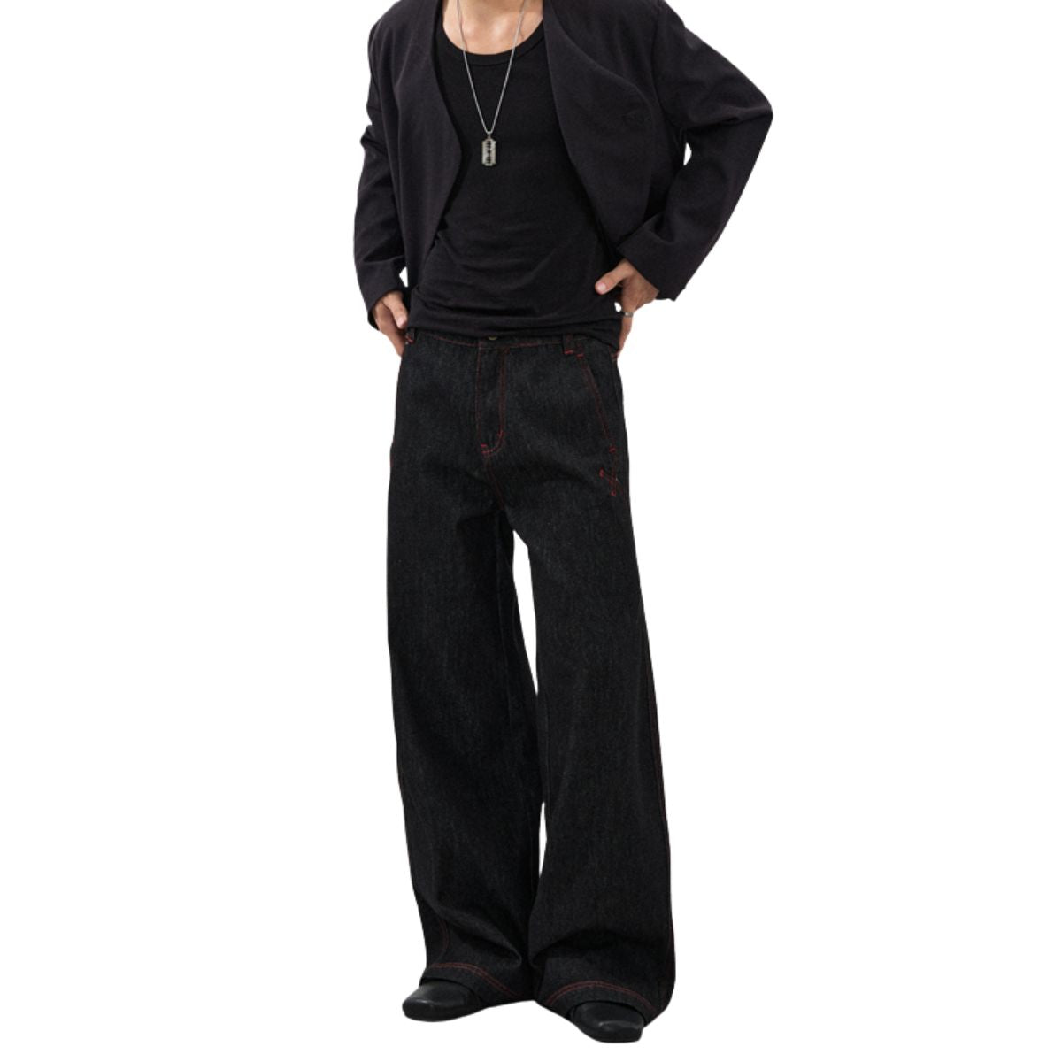 Embroidered Raw Denim Vintage Washed Loose Straight‑Leg Jeans