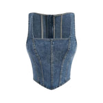 Women's AsymmetricalSquare Neck Zip Back Denim Corset Crop Top
