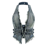 Women's Y2K Backless Fringe CorsetDenim Halter Top