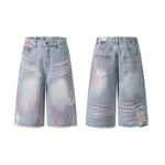Tie-Dyed Raw Hem Ripped Bermuda Shorts