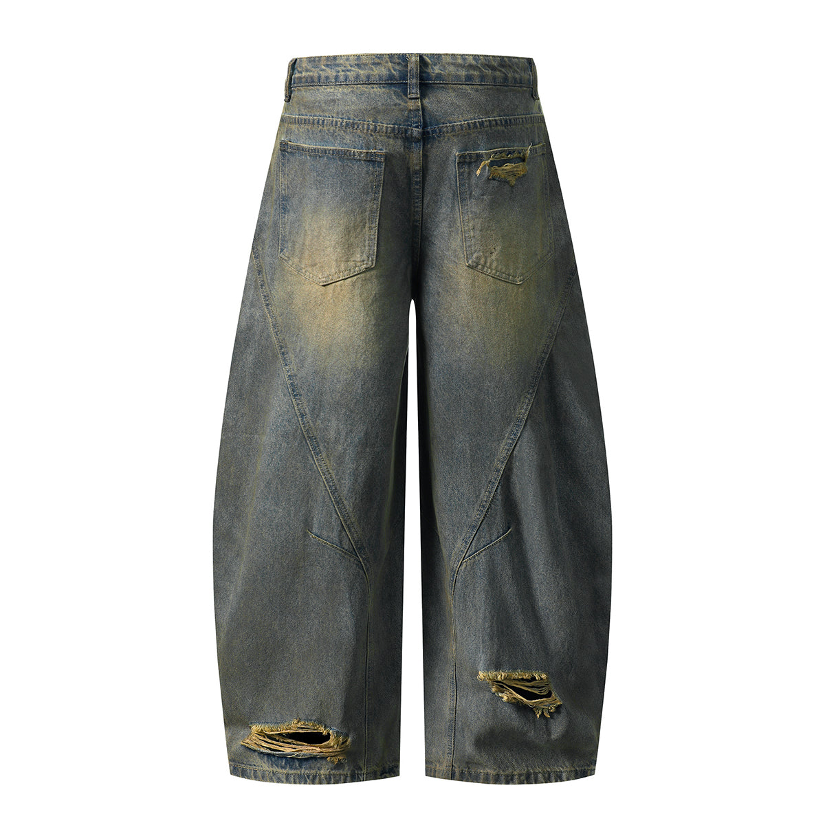 Panel Stitching Barrel-Leg Ripped Jeans