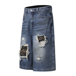 Ripped Patchwork Camo Denim Bermuda Shorts