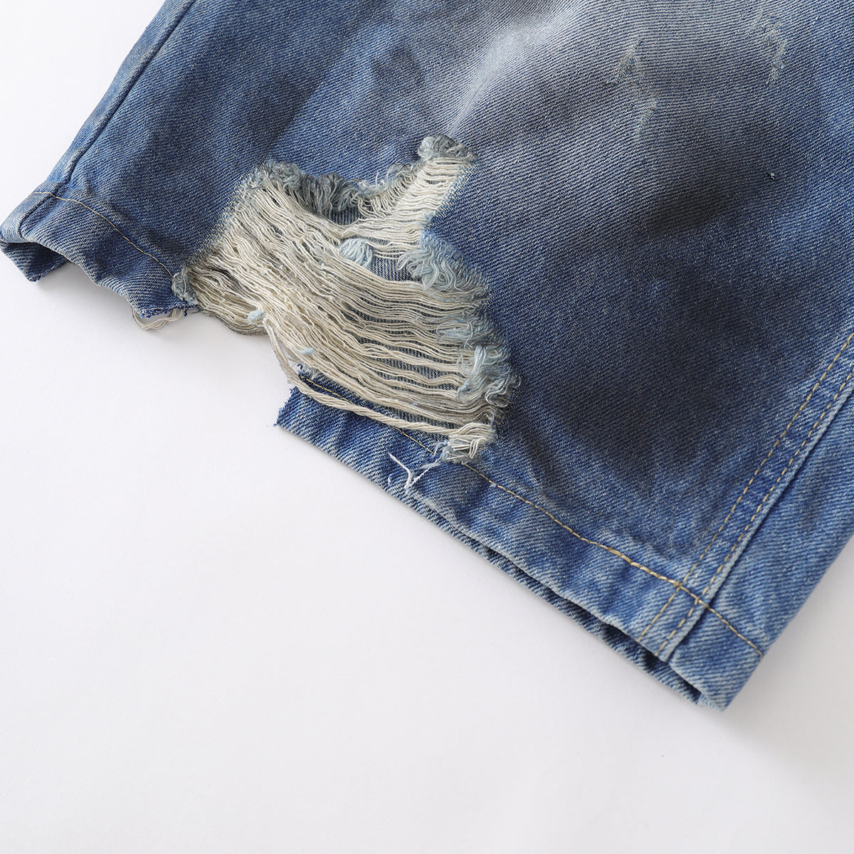 Grungy Wash Ripped Hem Denim Bermuda Shorts