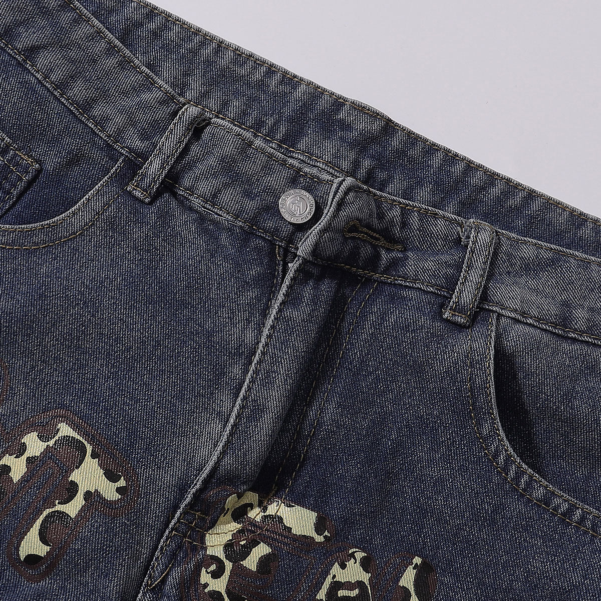 Leopard Star Patch Wide-Leg Denim Jeans