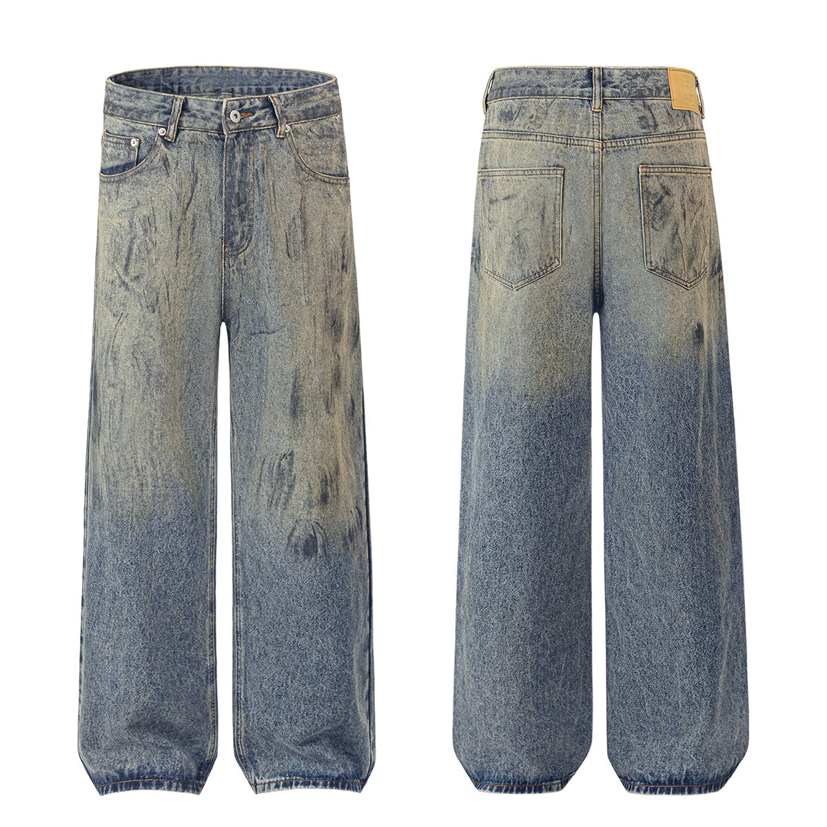 Faded Blue Vintage-Sanded Wide-Leg Jeans