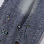 Embroidered Blue Wide Leg Distressed Denim Jeans