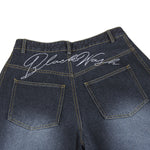 Dark Wash Embroidered Barrel-Leg Jeans