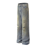 Blue Wash Distressed Ripped Wide-Leg Jeans