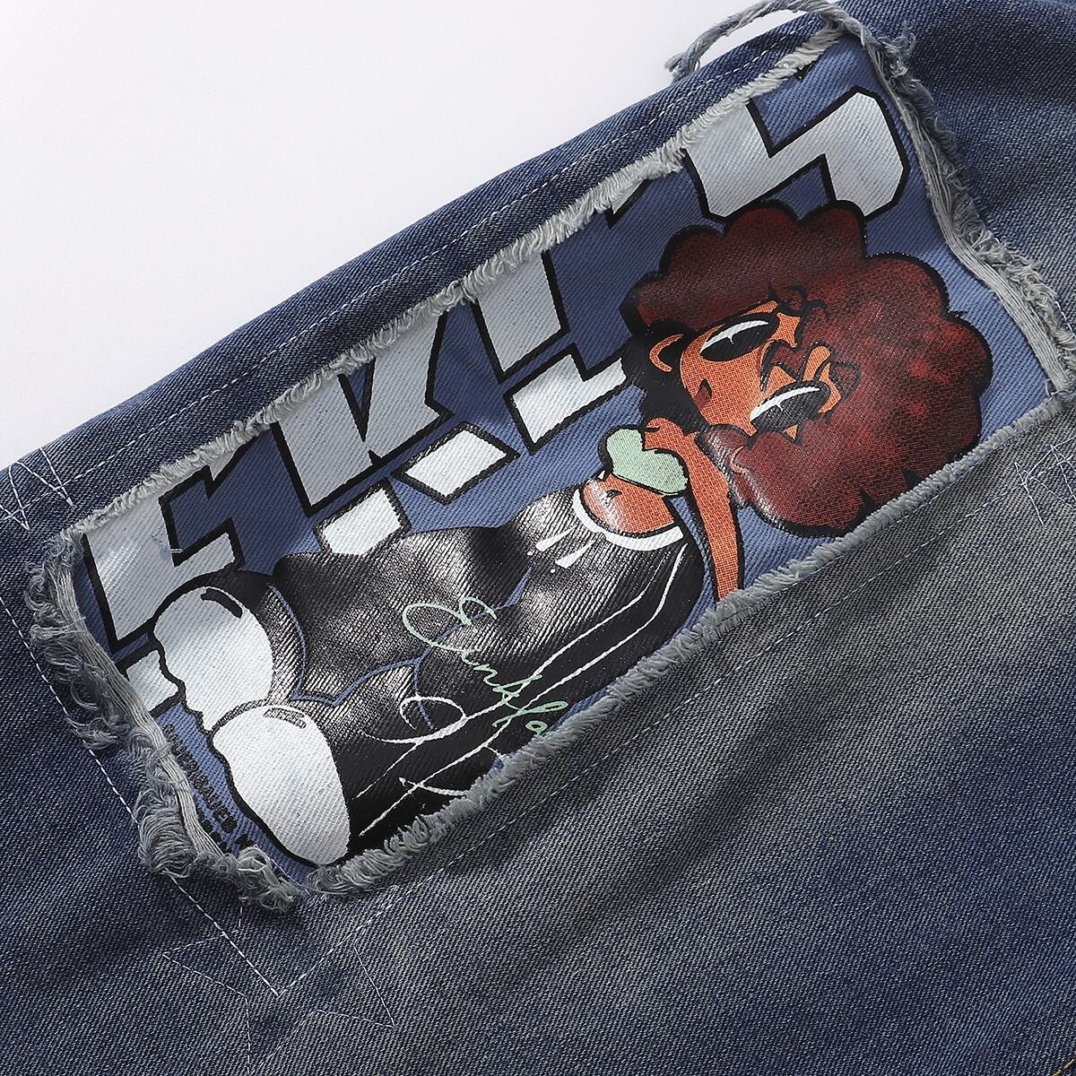 Cartoon Patchwork Distressed Barrel Jeans