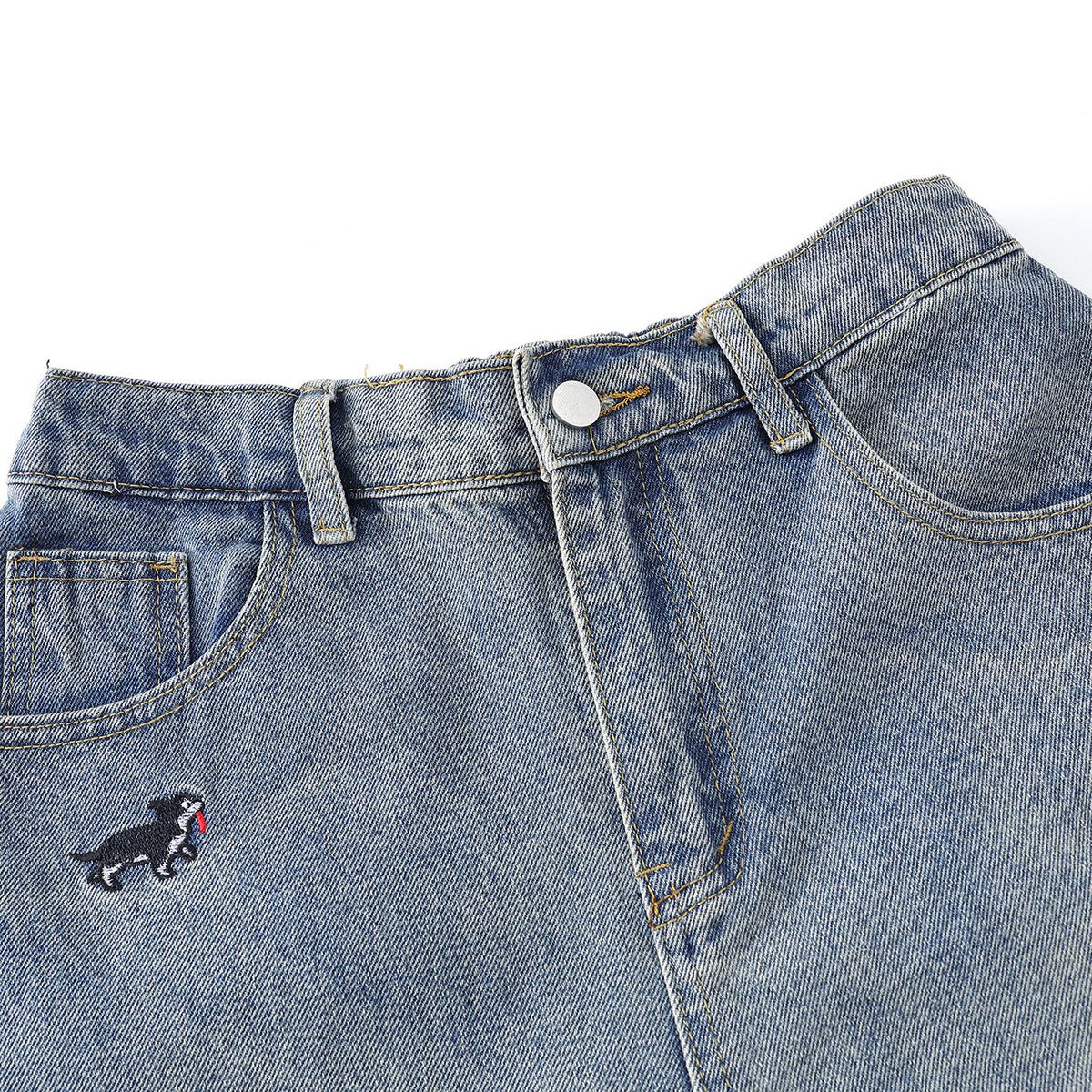 Washed Faded Dog-Embroidered Barrel-Leg Jeans