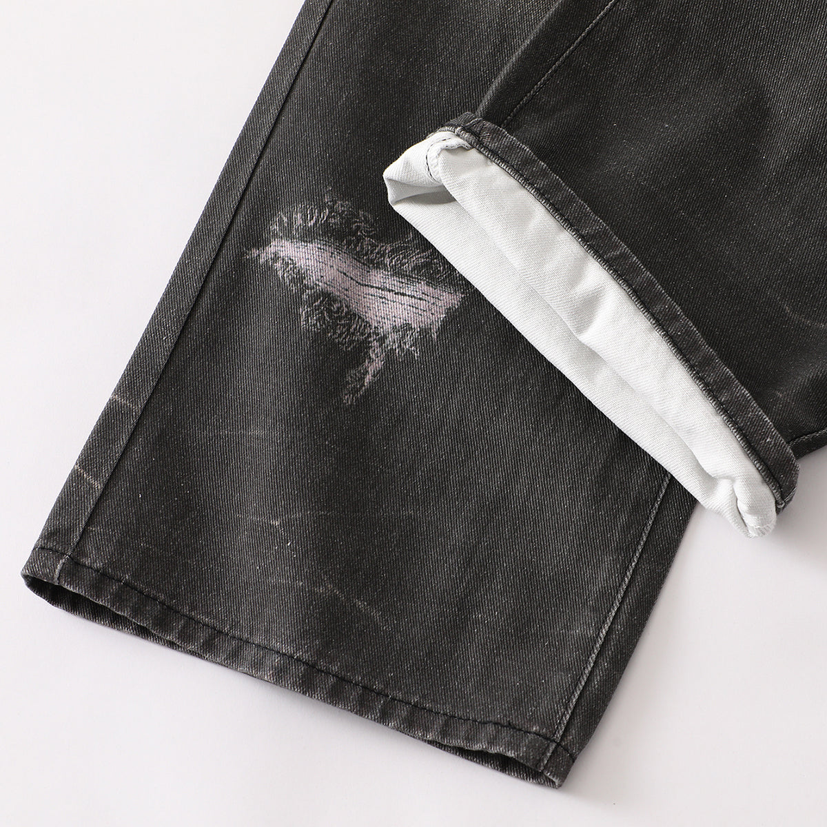 Vintage Washed Black Wide-Leg Printed Jeans