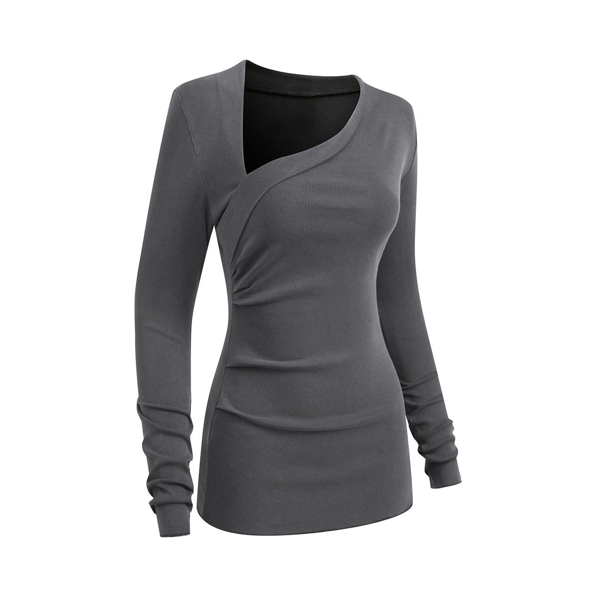 Asymmetric Neck Long Sleeve Ribbed Top