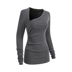 Asymmetric Neck Long Sleeve Ribbed Top
