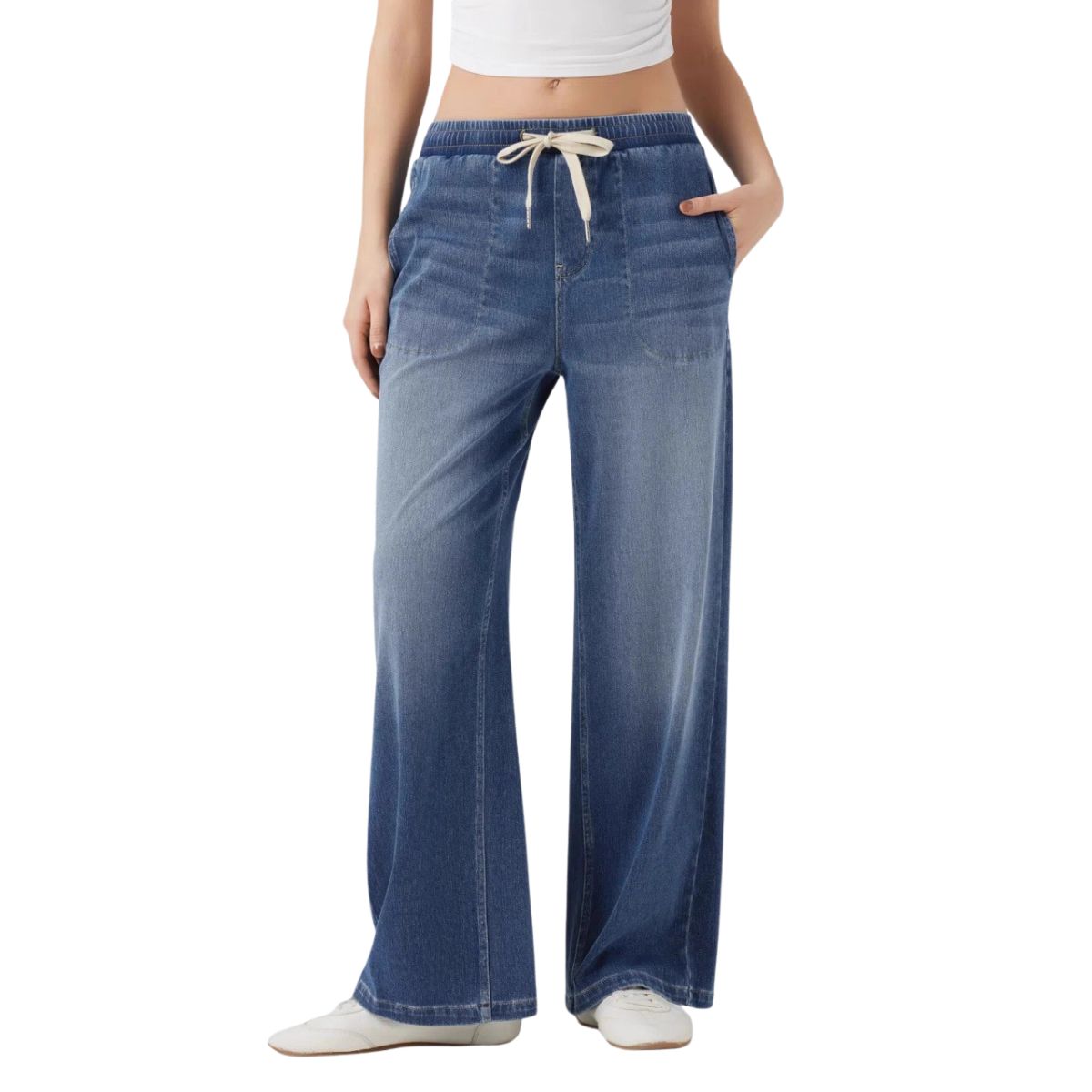 Low Rise Washed Drawstring Casual Baggy Wide Leg Jeans