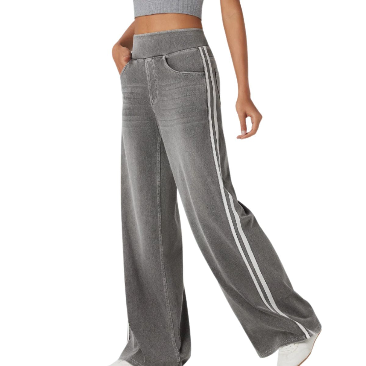 Vintage Washed Side Stripe Wide Leg Jeans