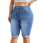 High Waist Stretch Denim Bermuda Shorts