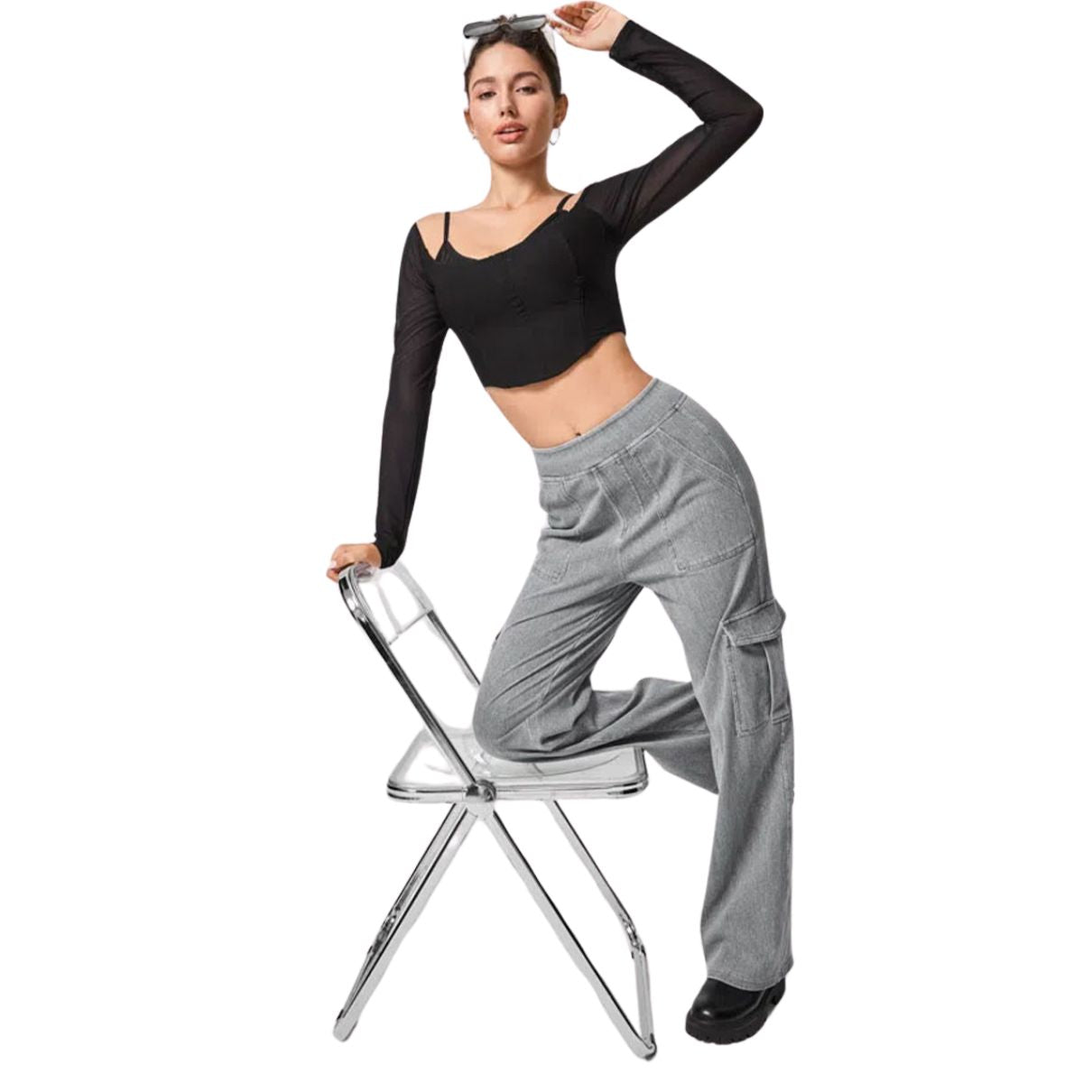 High Waist Stretch Cargo Wide Leg Jeans