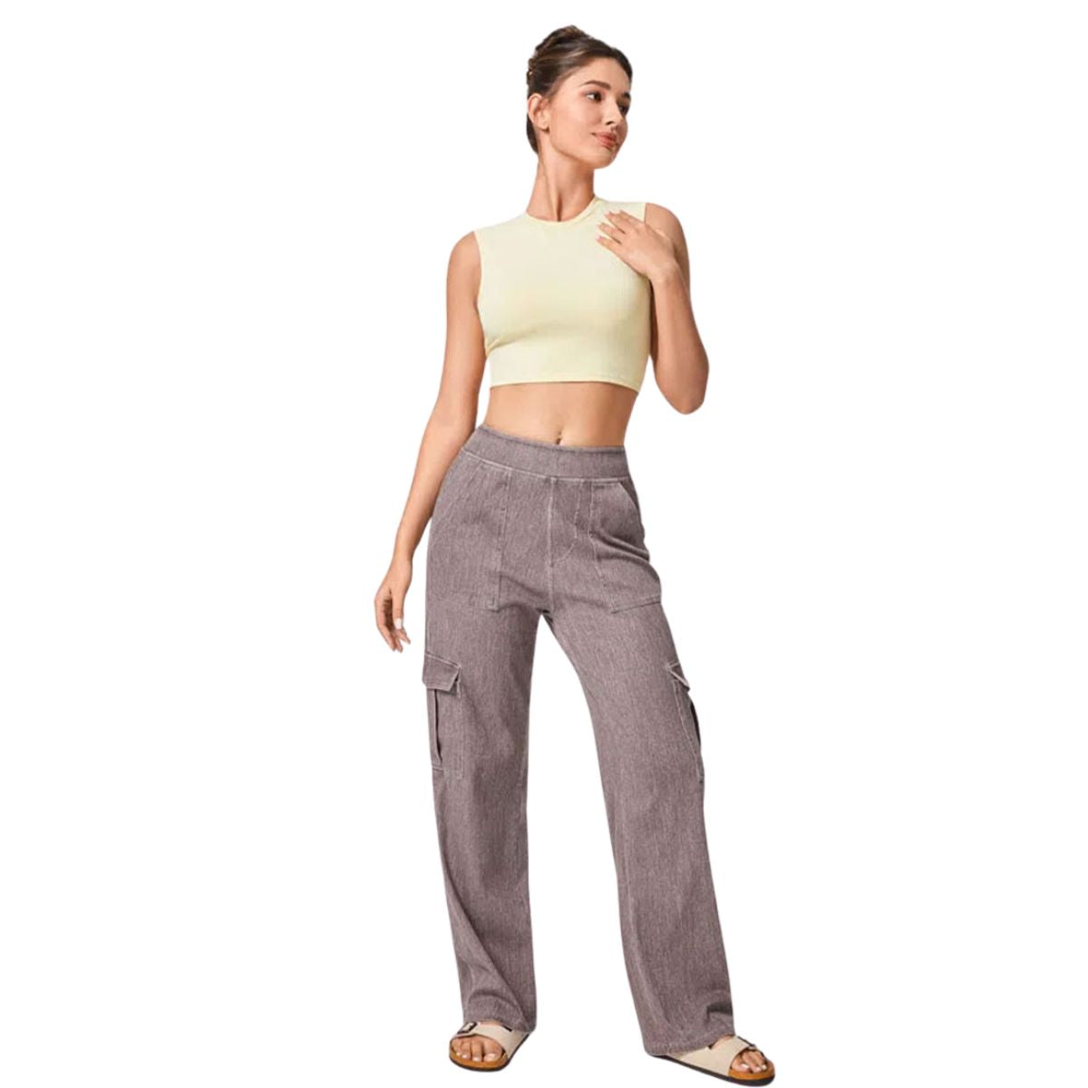 High Waist Stretch Cargo Wide Leg Jeans